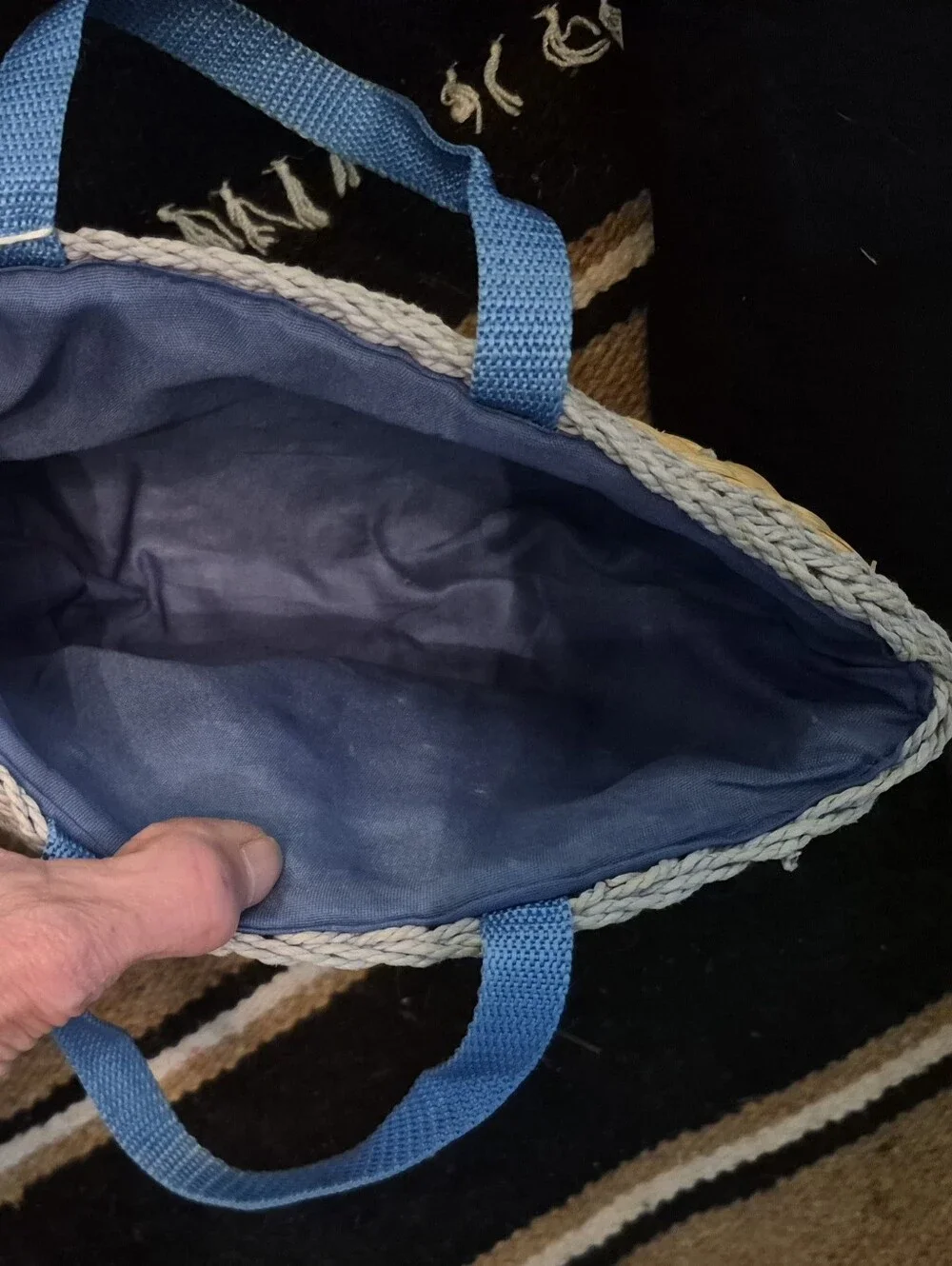 SMALL Woven Straw Floral Tote Bag with Blue Handles Hand Made